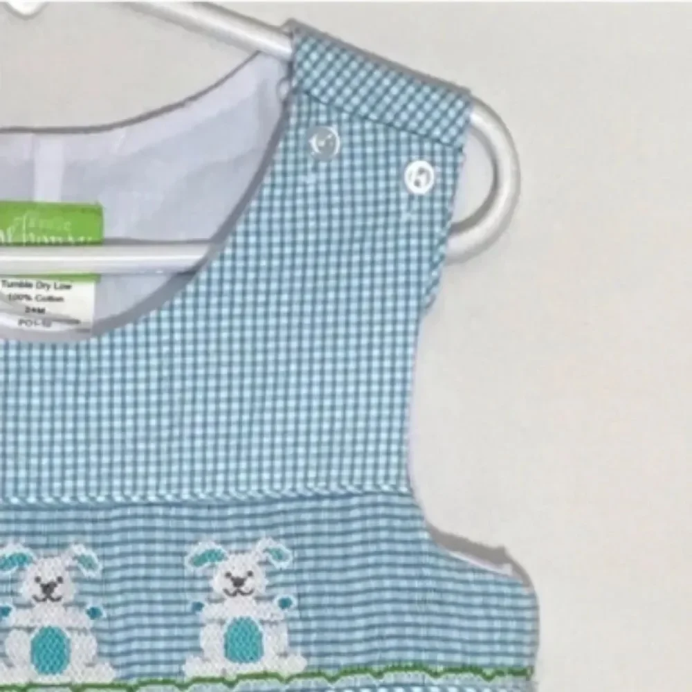 Classic Whimsy Easter Bunny Rabbit Blue Checkered Overalls